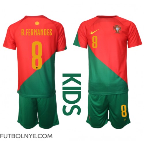 Camiseta Portugal Bruno Fernandes #8 Primera Equipación para niños Mundial 2022 manga corta (+ pantalones cortos)